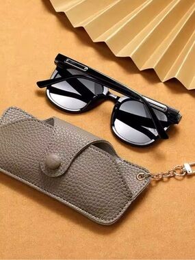Khaki pu Leather Sunglasses Case with Keychain